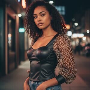 Andrew Marc New York Faux Leather Bustier Top Cheetah Sleeves Party Cropped Sz L